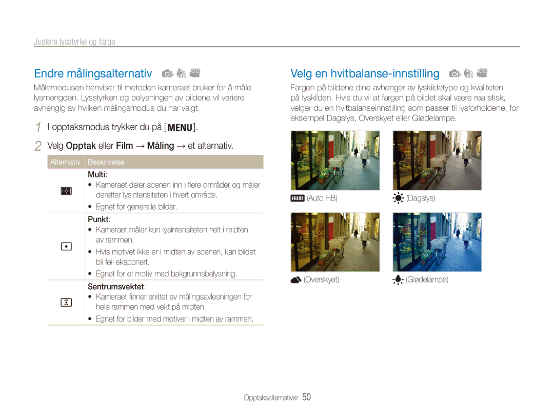 Samsung EC-ES90ZZBPBE2 manual Endre målingsalternativ, Velg en hvitbalanse-innstilling, Justere lysstyrke og farge 