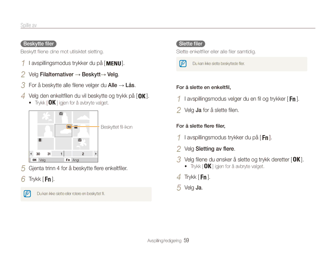 Samsung EC-ES90ZZBPUE2 manual Avspillingsmodus trykker du på Velg Sletting av flere, Trykk Velg Ja, Beskytte filer 