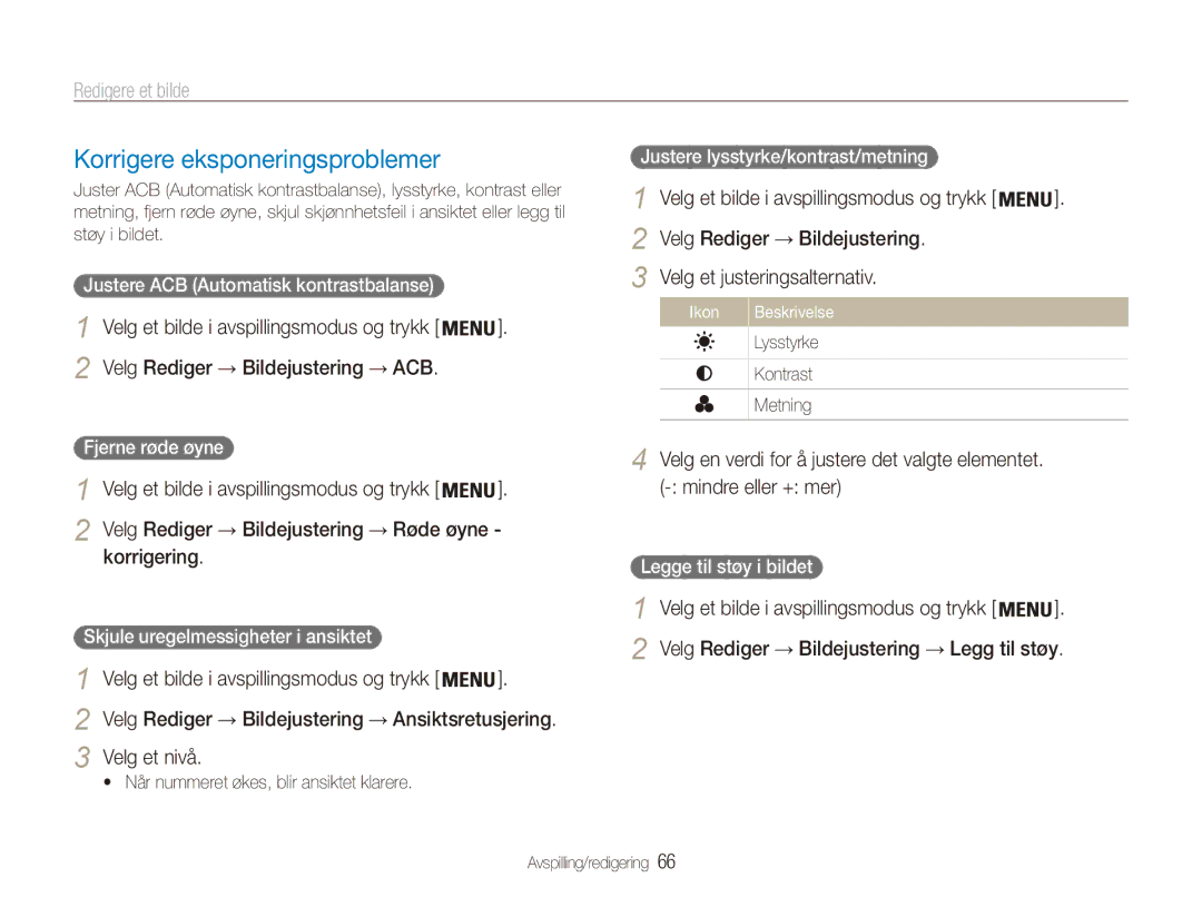 Samsung EC-ES90ZZBPBE2, EC-ES90ZZBPUE2, EC-ES90ZZBPSE2, EC-ES90ZZBPRE2 manual Korrigere eksponeringsproblemer 