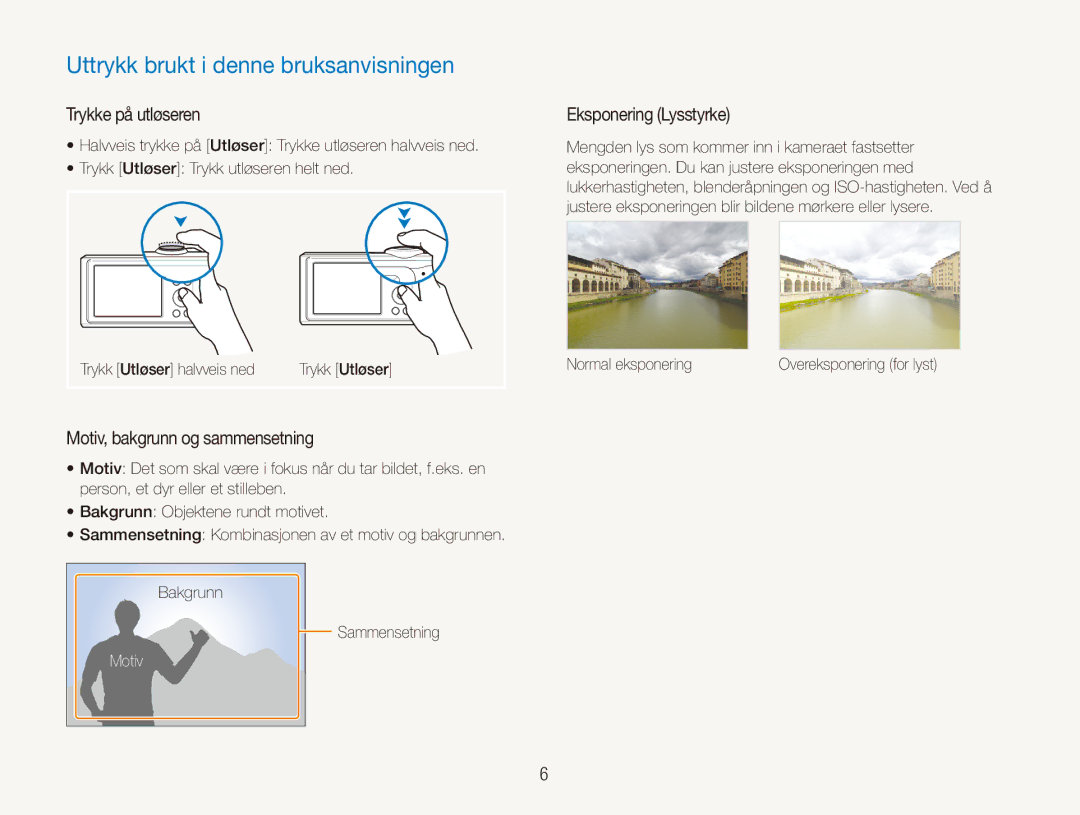 Samsung EC-ES90ZZBPBE2 manual Uttrykk brukt i denne bruksanvisningen, Trykke på utløseren, Motiv, bakgrunn og sammensetning 