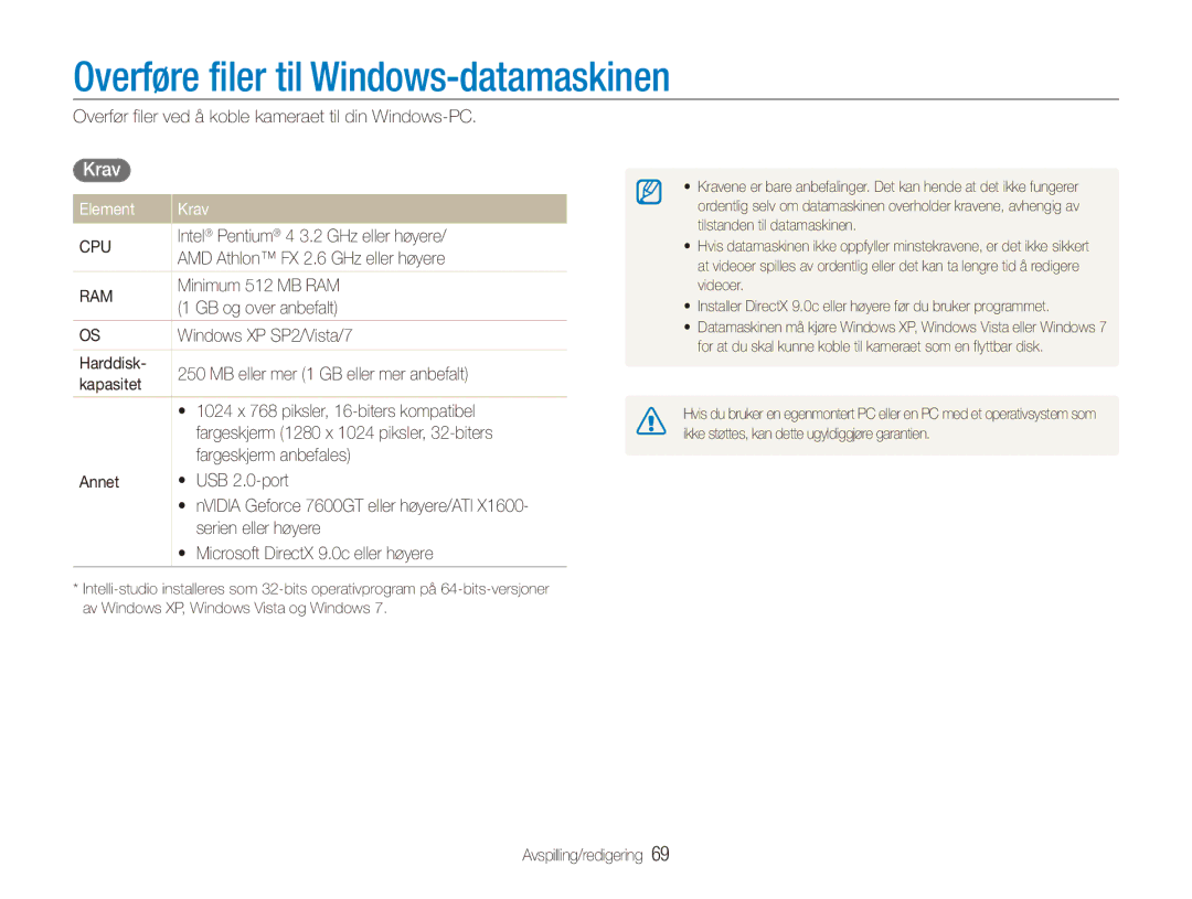 Samsung EC-ES90ZZBPRE2, EC-ES90ZZBPUE2, EC-ES90ZZBPSE2 manual Overføre filer til Windows-datamaskinen, Element Krav 