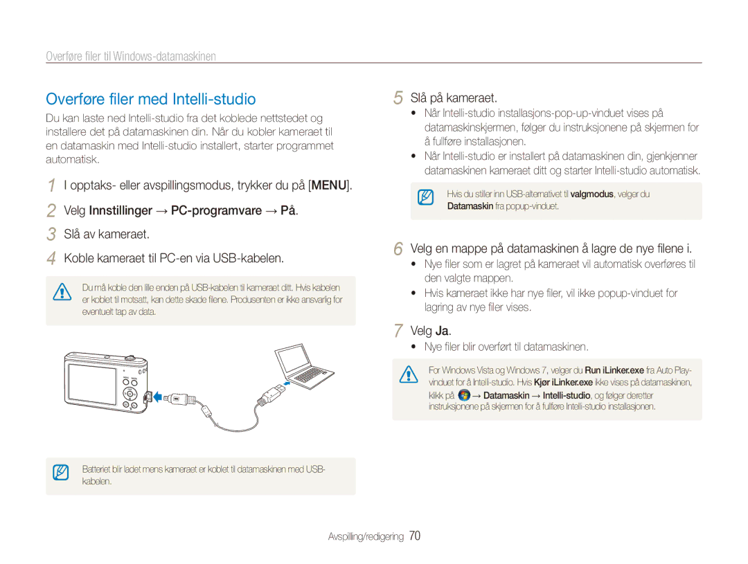 Samsung EC-ES90ZZBPBE2 manual Overføre filer med Intelli-studio, Overføre filer til Windows-datamaskinen, Slå på kameraet 