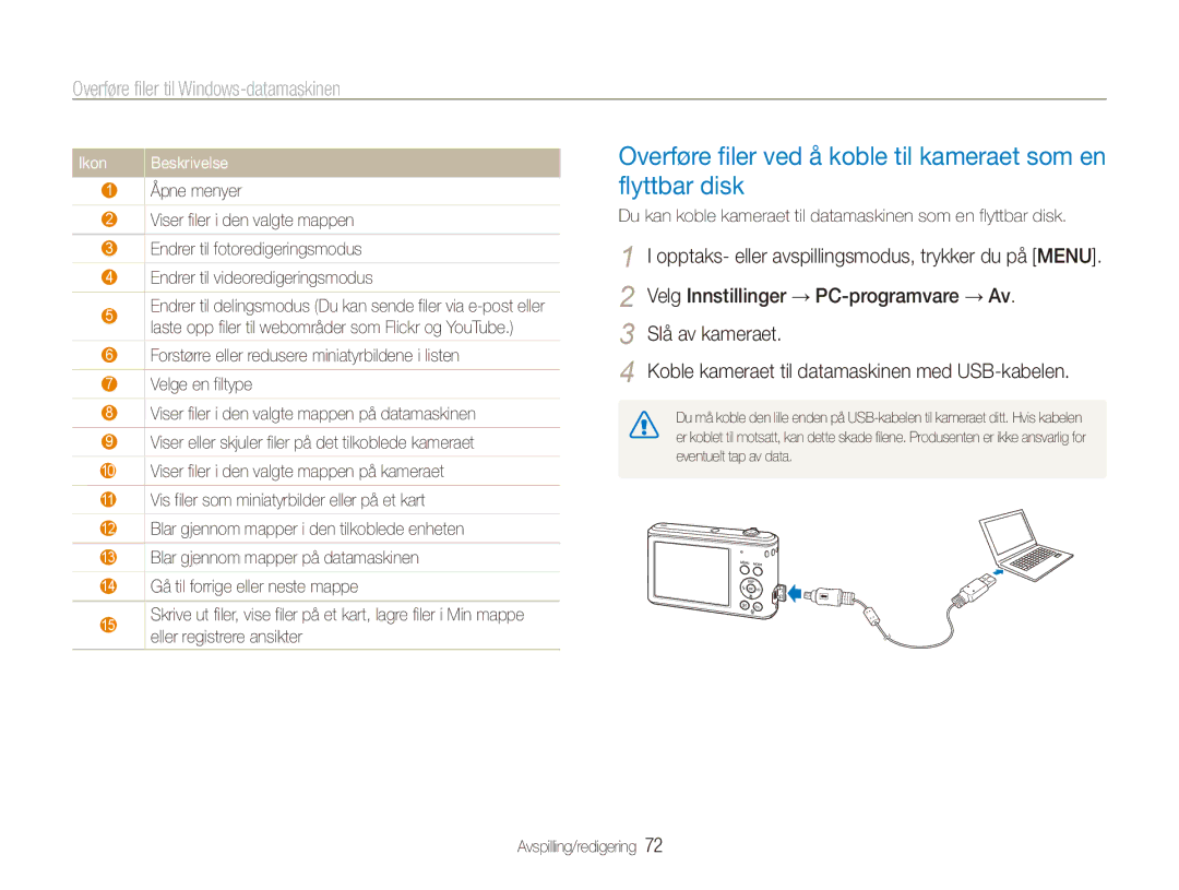 Samsung EC-ES90ZZBPSE2, EC-ES90ZZBPUE2, EC-ES90ZZBPRE2 manual Overføre filer ved å koble til kameraet som en flyttbar disk 