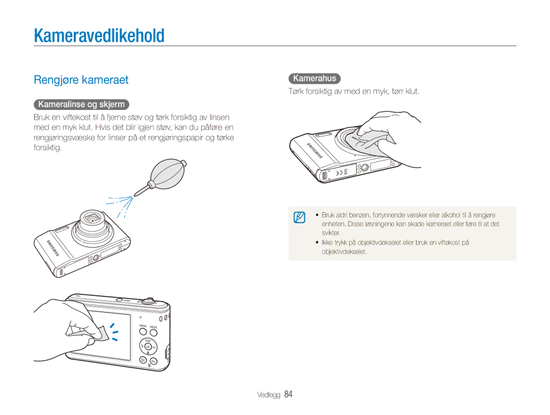 Samsung EC-ES90ZZBPSE2, EC-ES90ZZBPUE2 manual Kameravedlikehold, Rengjøre kameraet, Kameralinse og skjerm, Kamerahus 