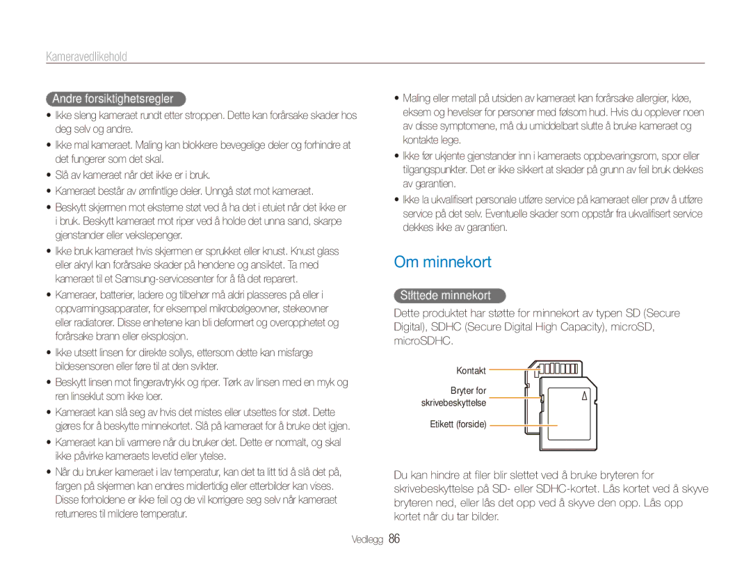 Samsung EC-ES90ZZBPBE2, EC-ES90ZZBPUE2, EC-ES90ZZBPSE2 manual Om minnekort, Andre forsiktighetsregler, Støttede minnekort 