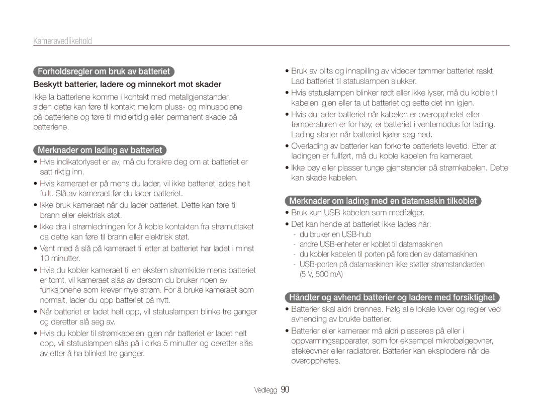 Samsung EC-ES90ZZBPBE2, EC-ES90ZZBPUE2 manual Forholdsregler om bruk av batteriet, Merknader om lading av batteriet, 500 mA 