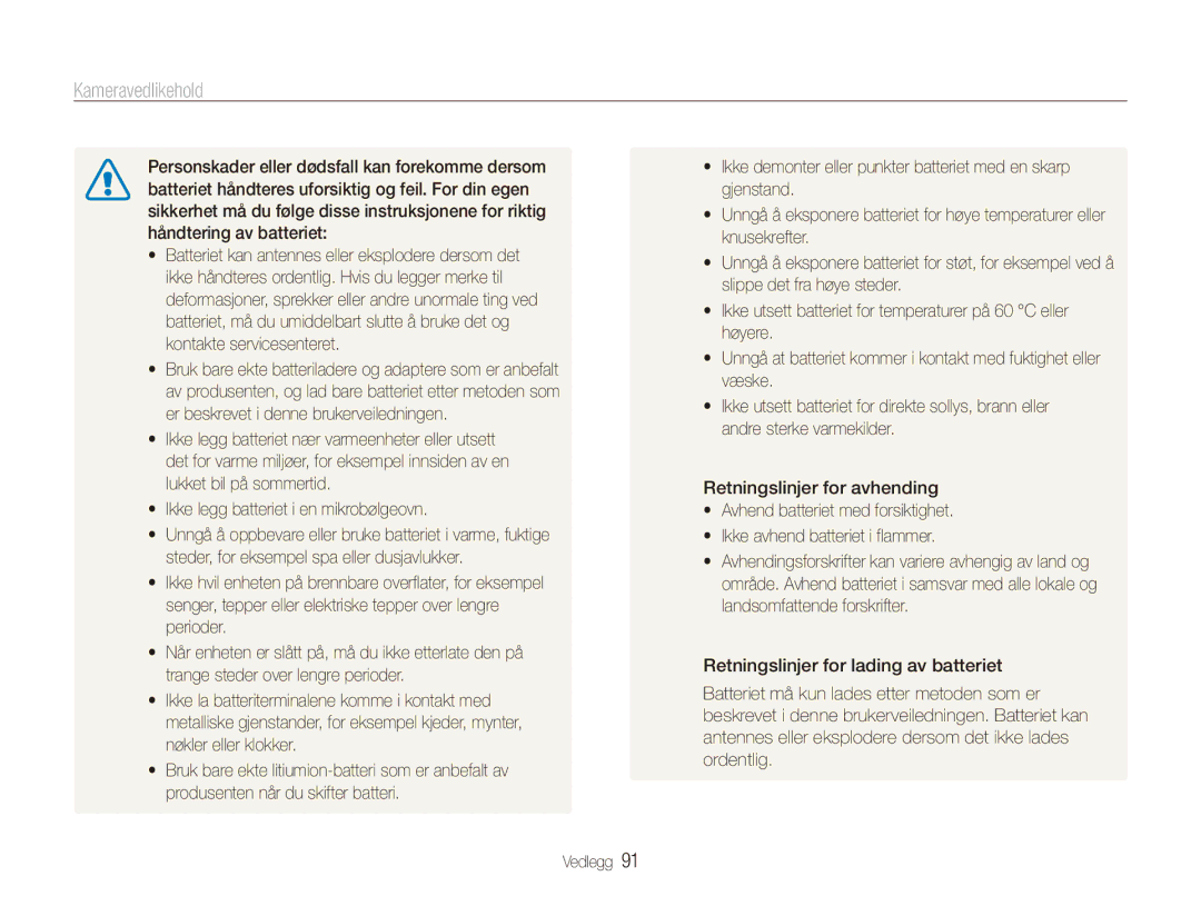 Samsung EC-ES90ZZBPUE2, EC-ES90ZZBPSE2, EC-ES90ZZBPRE2, EC-ES90ZZBPBE2 manual Kameravedlikehold 