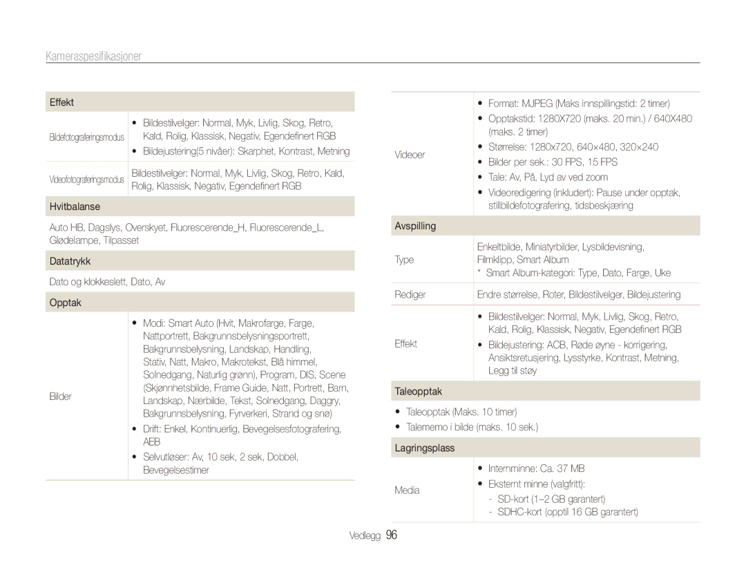 Samsung EC-ES90ZZBPSE2, EC-ES90ZZBPUE2, EC-ES90ZZBPRE2, EC-ES90ZZBPBE2 manual Kameraspesifikasjoner 