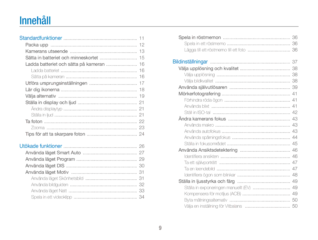 Samsung EC-ES90ZZBPRE2, EC-ES90ZZBPUE2, EC-ES90ZZBPSE2, EC-ES90ZZBPBE2 manual Innehåll 