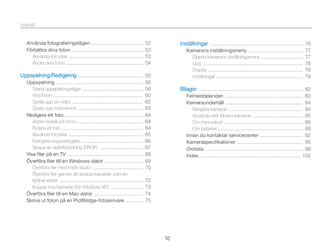 Samsung EC-ES90ZZBPBE2, EC-ES90ZZBPUE2, EC-ES90ZZBPSE2, EC-ES90ZZBPRE2 manual Innehåll﻿ 