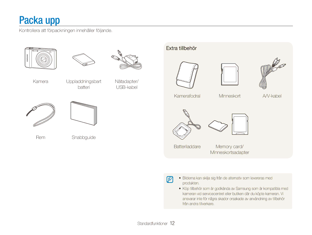 Samsung EC-ES90ZZBPSE2 manual Packa upp, Extra tillbehör, Kontrollera att förpackningen innehåller följande, Kamera 