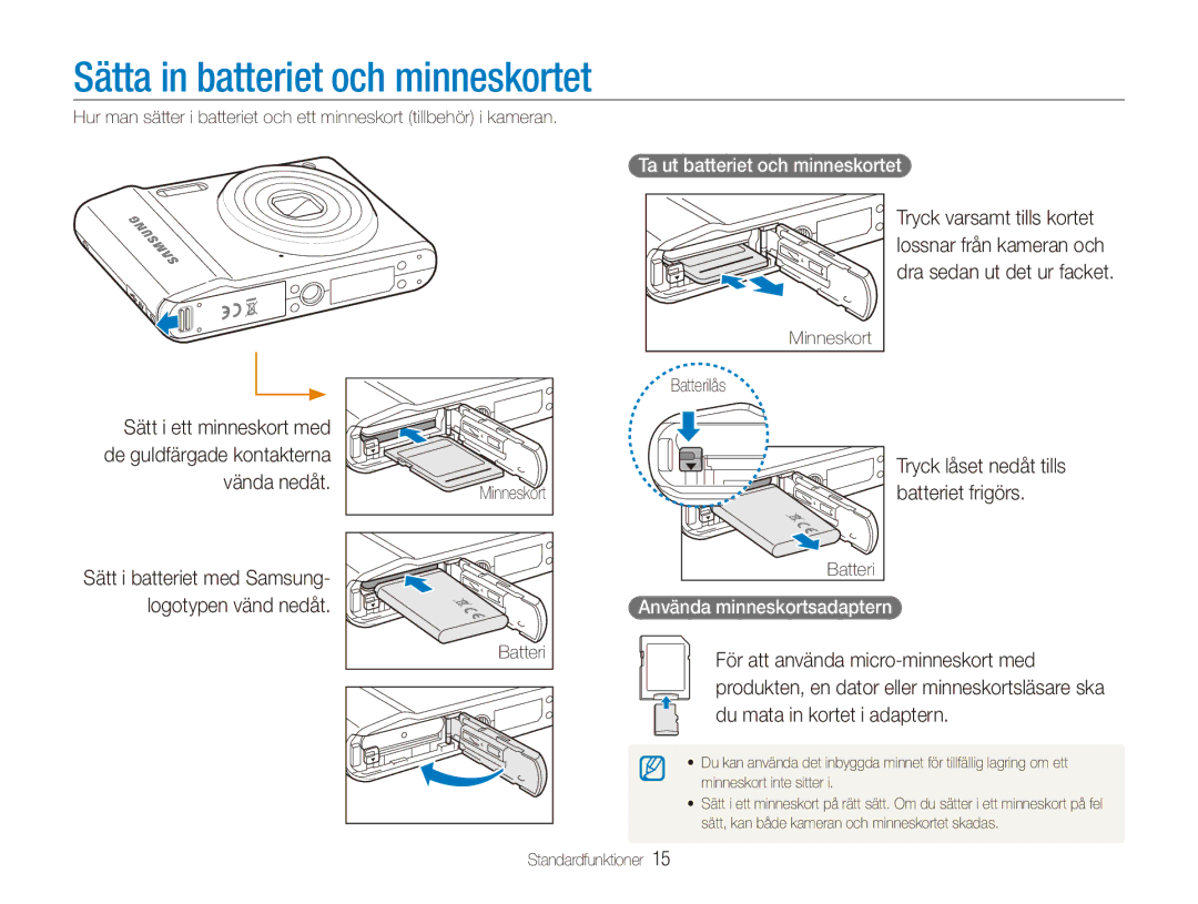 Samsung EC-ES90ZZBPUE2 manual Sätta in batteriet och minneskortet, Logotypen vänd nedåt, Ta ut batteriet och minneskortet 