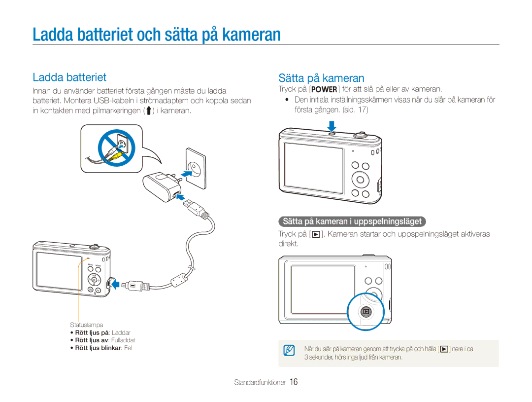 Samsung EC-ES90ZZBPSE2 manual Ladda batteriet och sätta på kameran, Sätta på kameran i uppspelningsläget, Tryck på 