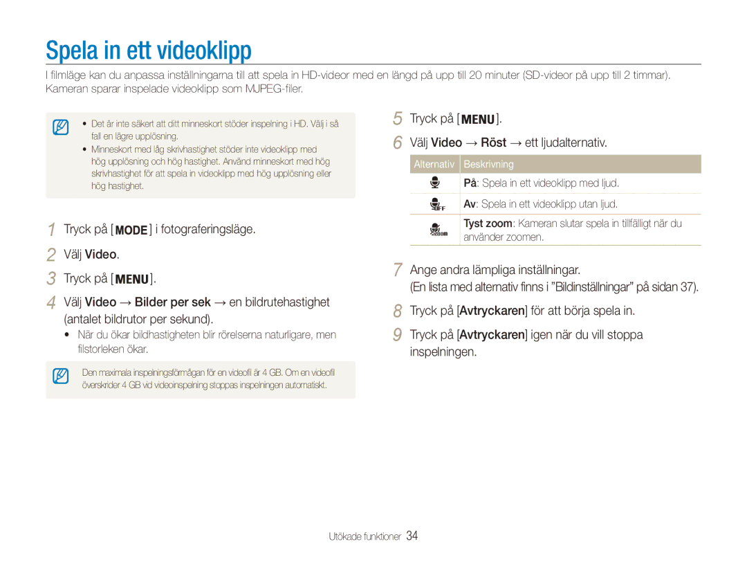 Samsung EC-ES90ZZBPBE2 manual Spela in ett videoklipp, Tryck på Fotograferingsläge Välj Video, Antalet bildrutor per sekund 