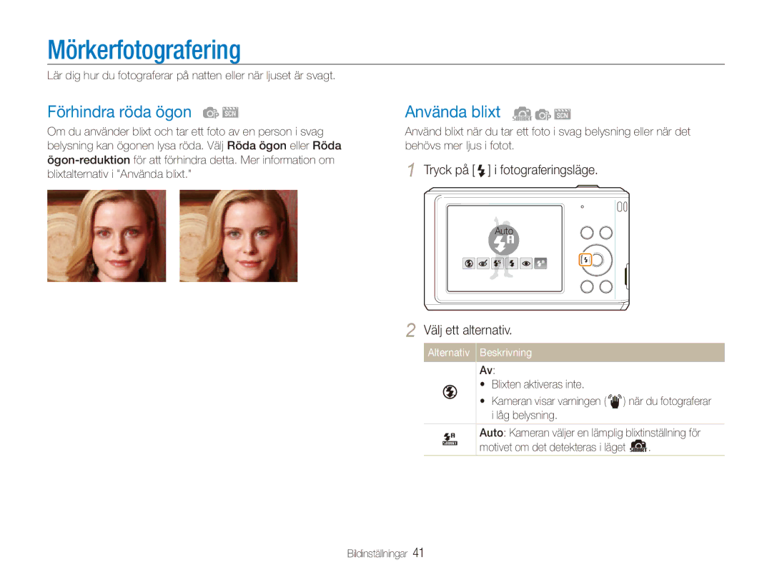 Samsung EC-ES90ZZBPRE2, EC-ES90ZZBPUE2, EC-ES90ZZBPSE2 manual Mörkerfotografering, Förhindra röda ögon, Använda blixt 