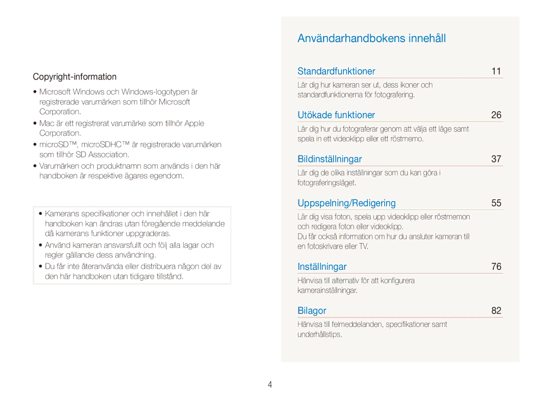 Samsung EC-ES90ZZBPSE2 Användarhandbokens innehåll, Copyright-information, Spela in ett videoklipp eller ett röstmemo 