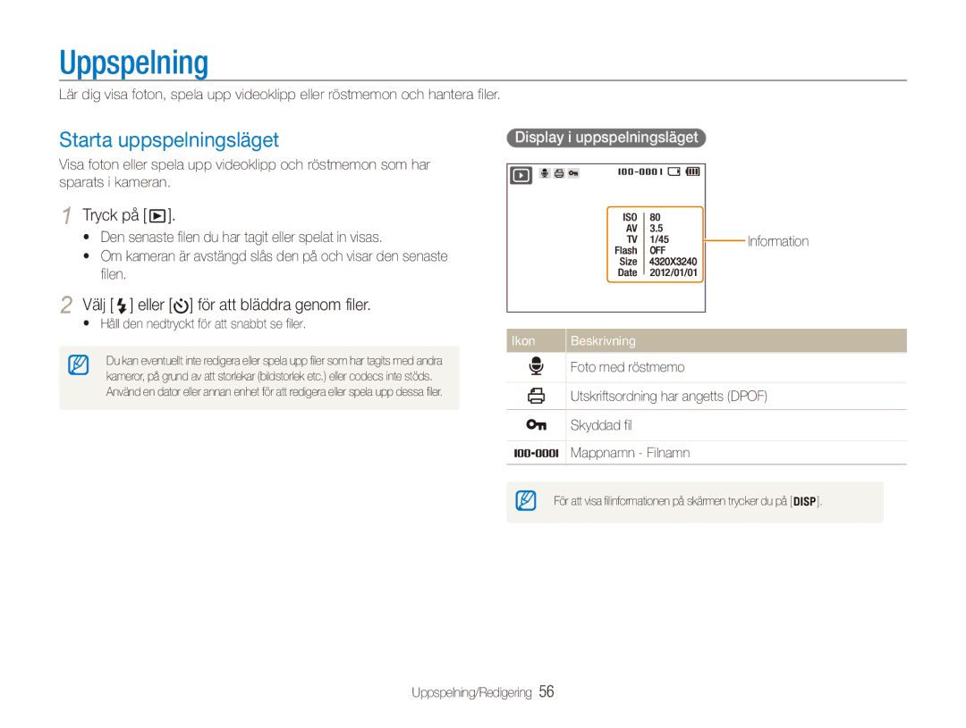 Samsung EC-ES90ZZBPSE2, EC-ES90ZZBPUE2 manual Uppspelning, Starta uppspelningsläget, Välj eller för att bläddra genom filer 