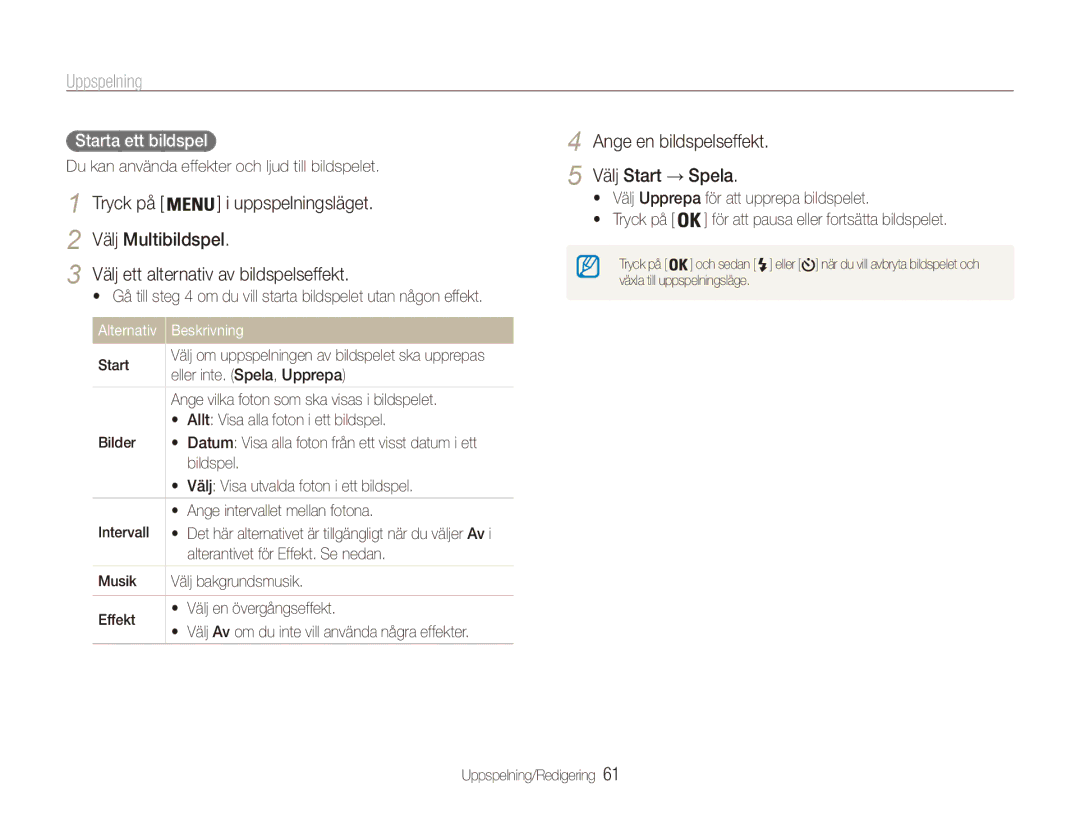 Samsung EC-ES90ZZBPRE2, EC-ES90ZZBPUE2, EC-ES90ZZBPSE2 manual Ange en bildspelseffekt Välj Start → Spela, Starta ett bildspel 