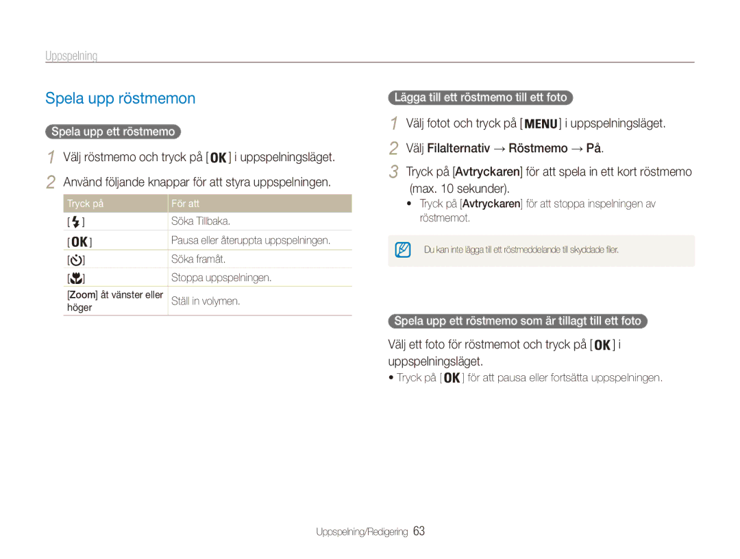 Samsung EC-ES90ZZBPUE2, EC-ES90ZZBPSE2, EC-ES90ZZBPRE2 manual Spela upp röstmemon, Välj röstmemo och tryck på, Max sekunder 