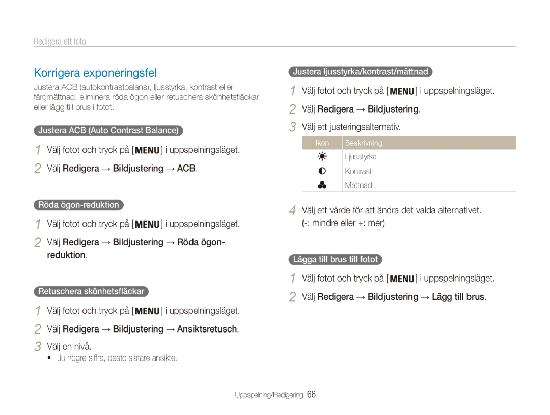 Samsung EC-ES90ZZBPBE2 manual Korrigera exponeringsfel, Välj Redigera → Bildjustering → ACB, Reduktion, Välj en nivå 