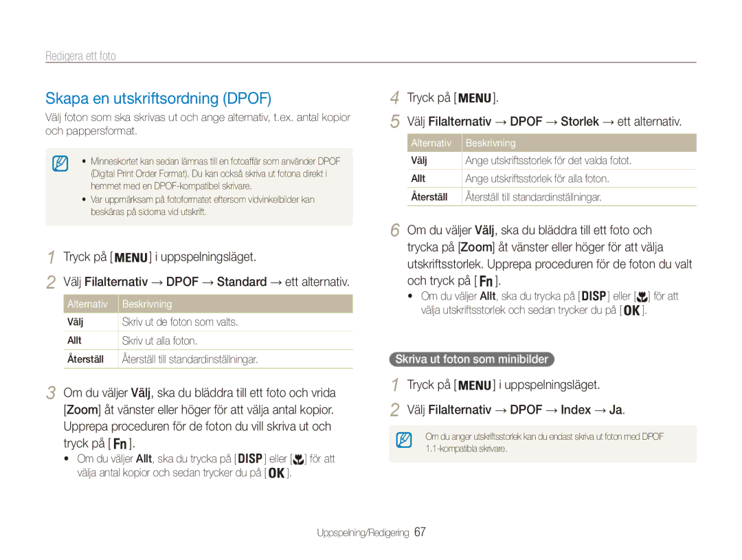 Samsung EC-ES90ZZBPUE2, EC-ES90ZZBPSE2 manual Skapa en utskriftsordning Dpof, Tryck på, Skriva ut foton som minibilder 