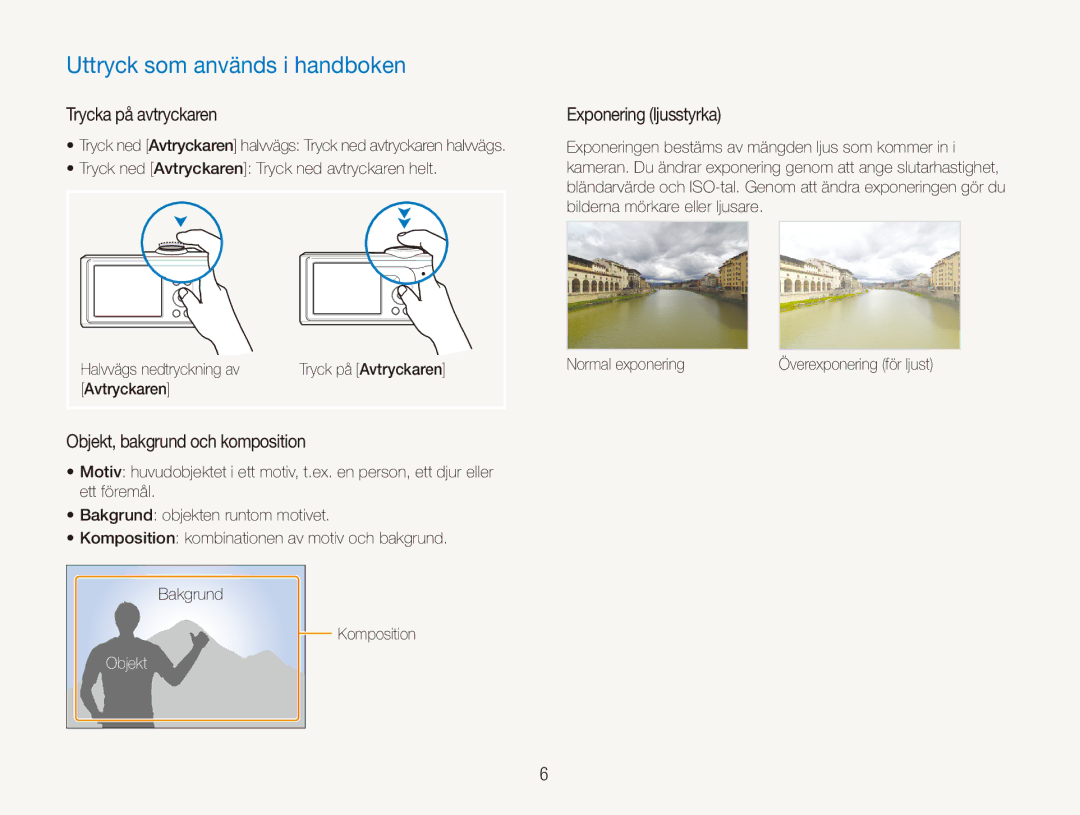 Samsung EC-ES90ZZBPBE2 manual Uttryck som används i handboken, Trycka på avtryckaren, Objekt, bakgrund och komposition 