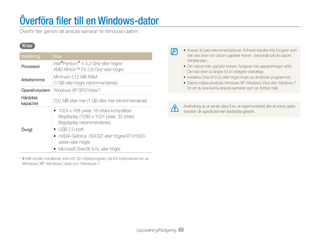 Samsung EC-ES90ZZBPRE2, EC-ES90ZZBPUE2, EC-ES90ZZBPSE2 manual Överföra filer till en Windows-dator, Inställning Krav 