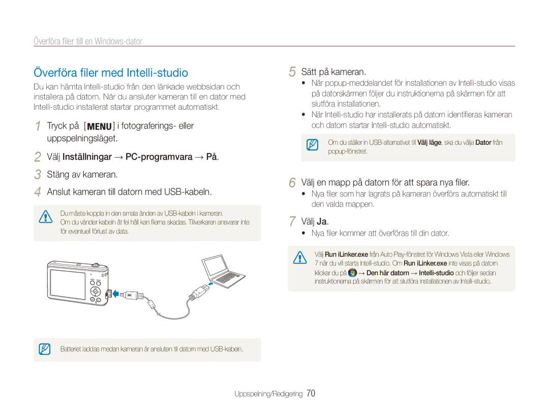 Samsung EC-ES90ZZBPBE2 manual Överföra filer med Intelli-studio, Överföra filer till en Windows-dator, Sätt på kameran 