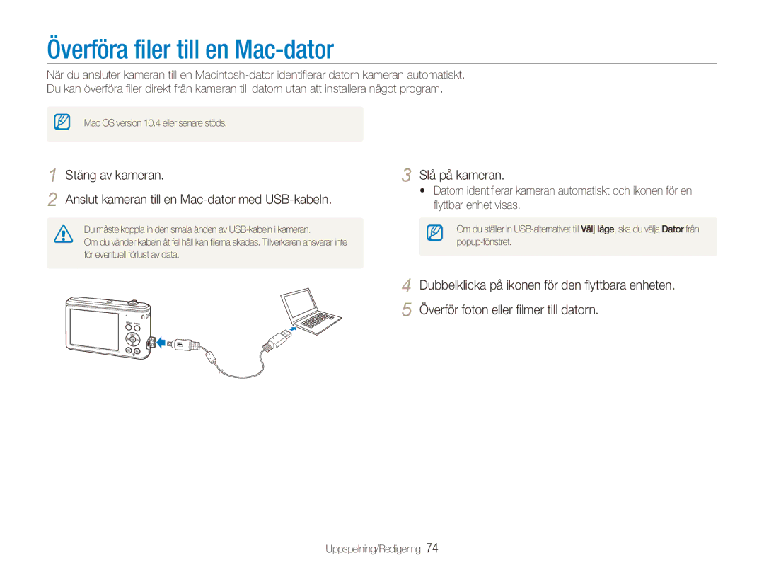 Samsung EC-ES90ZZBPBE2, EC-ES90ZZBPUE2, EC-ES90ZZBPSE2, EC-ES90ZZBPRE2 manual Överföra filer till en Mac-dator 