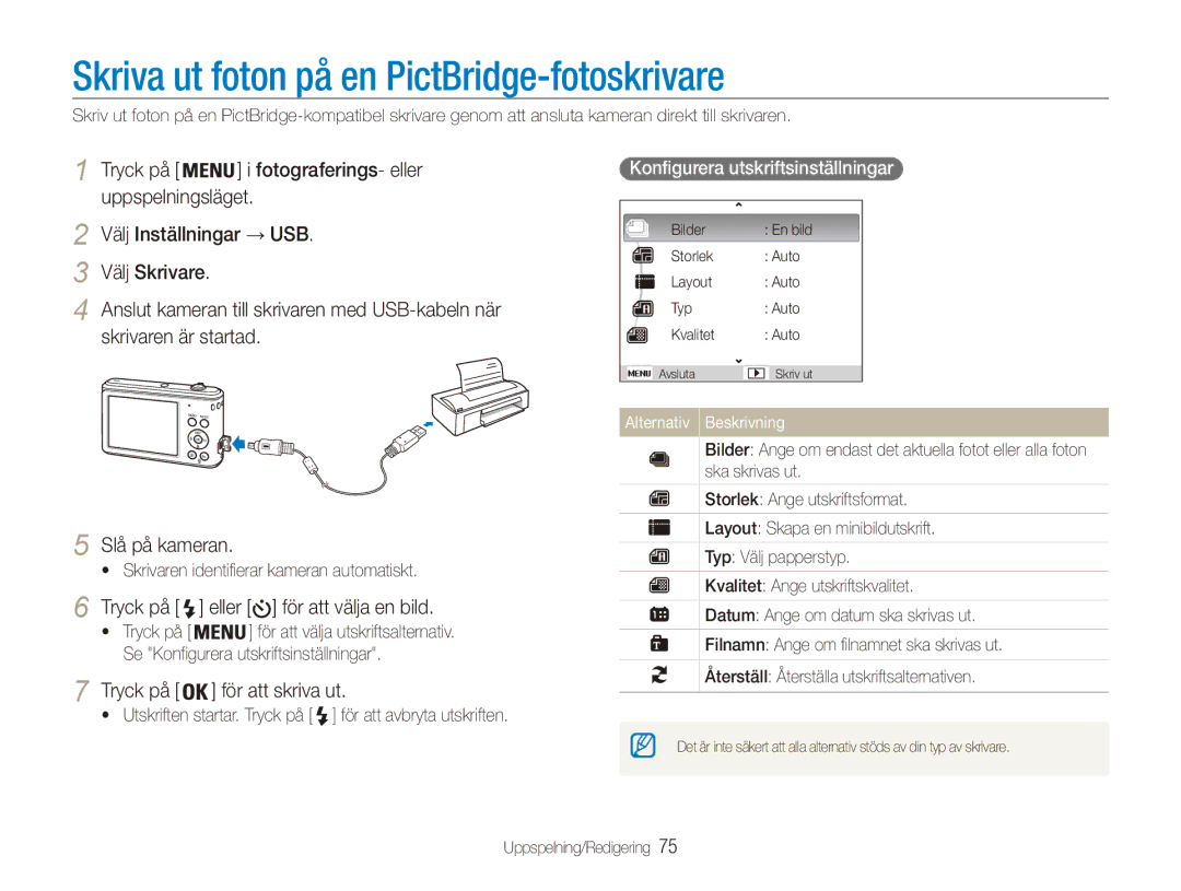 Samsung EC-ES90ZZBPUE2 Skriva ut foton på en PictBridge-fotoskrivare, Skrivaren är startad, Tryck på För att skriva ut 