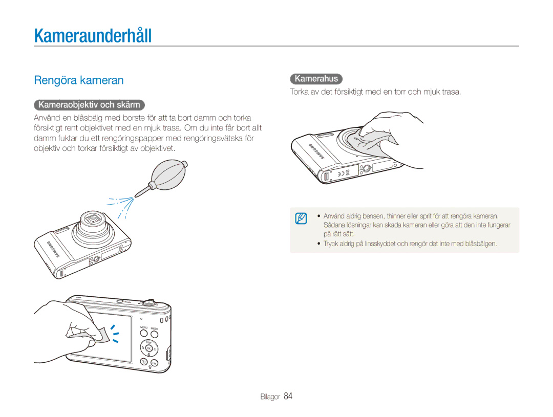 Samsung EC-ES90ZZBPSE2, EC-ES90ZZBPUE2 manual Kameraunderhåll, Rengöra kameran, Kameraobjektiv och skärm, Kamerahus 