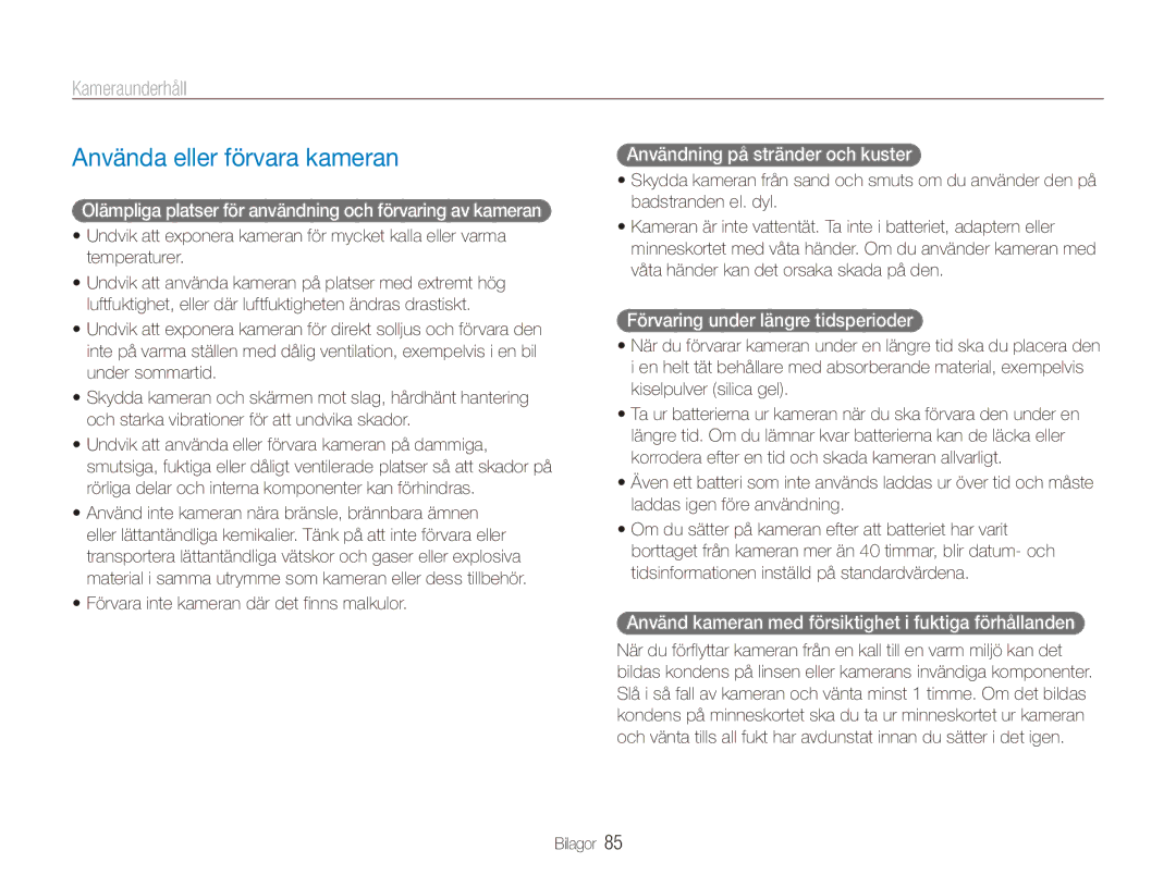 Samsung EC-ES90ZZBPRE2, EC-ES90ZZBPUE2, EC-ES90ZZBPSE2, EC-ES90ZZBPBE2 manual Använda eller förvara kameran, Kameraunderhåll 