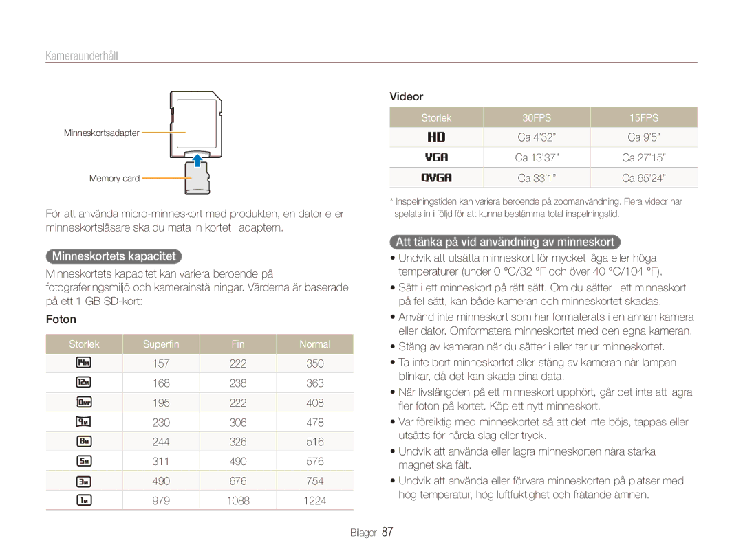 Samsung EC-ES90ZZBPUE2 Minneskortets kapacitet, Att tänka på vid användning av minneskort, Storlek Superfin Fin Normal 
