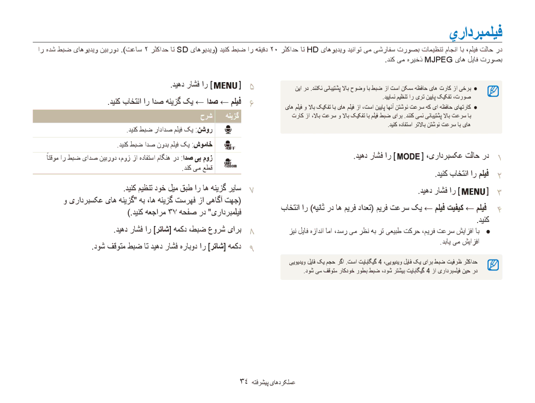 Samsung EC-ES90ZZBPUAE, EC-ES90ZZDPSME, EC-ES90ZZDPUME manual يرادربمليف, دینک میظنت دوخ لیم قبط ار اه هنیزگ ریاس7, حرش هنیزگ 