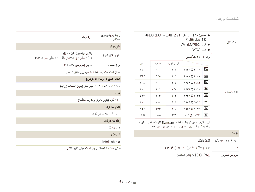 Samsung EC-ES90ZZBDBAE, EC-ES90ZZDPSME, EC-ES90ZZDPUME, EC-ES90ZZDPRME, EC-ES90ZZDPBME, EC-ES90ZZBPUE1 manual مشخصات دوربین 