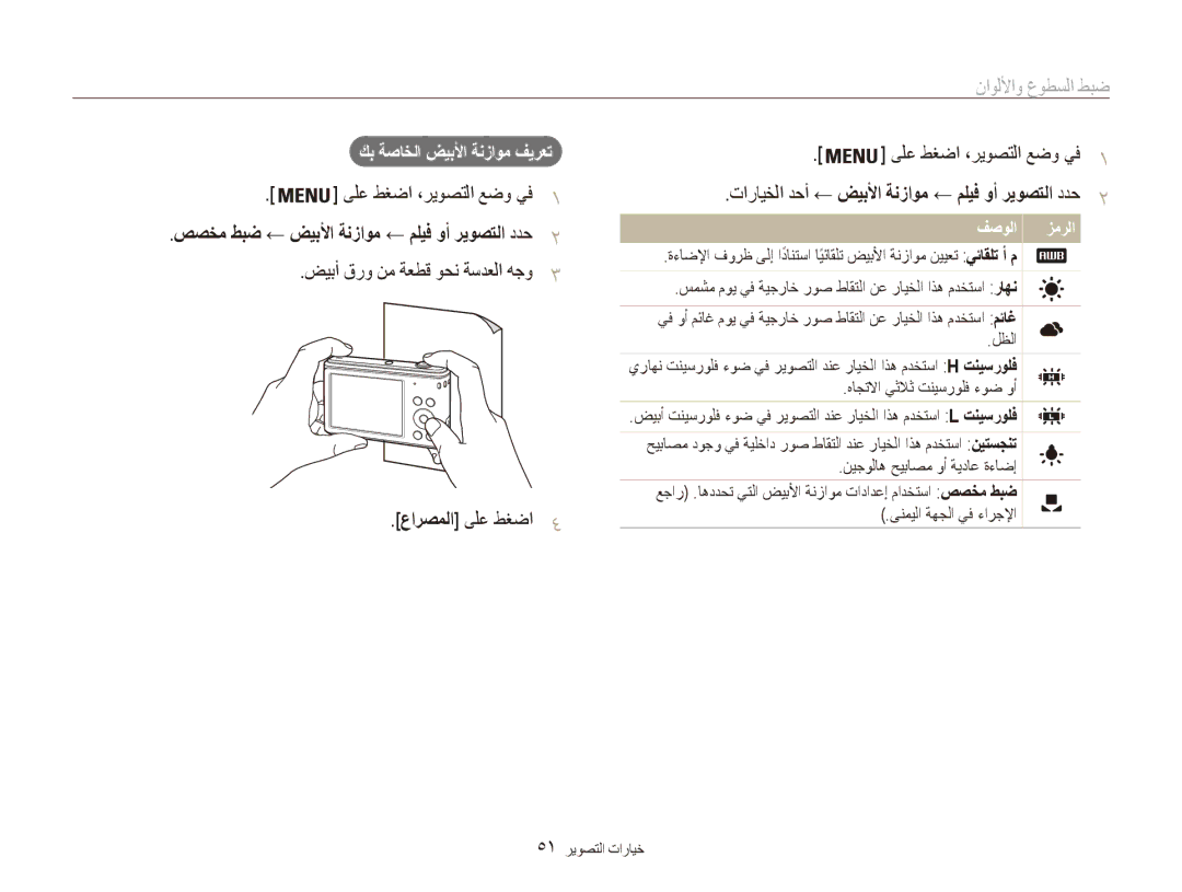 Samsung EC-ES90ZZDDSZA, EC-ES90ZZDPSME manual عارصملا ىلع طغضا4, 51 خيارات التصوير, ضيبأ قرو نم ةعطق وحن ةسدعلا هجو 