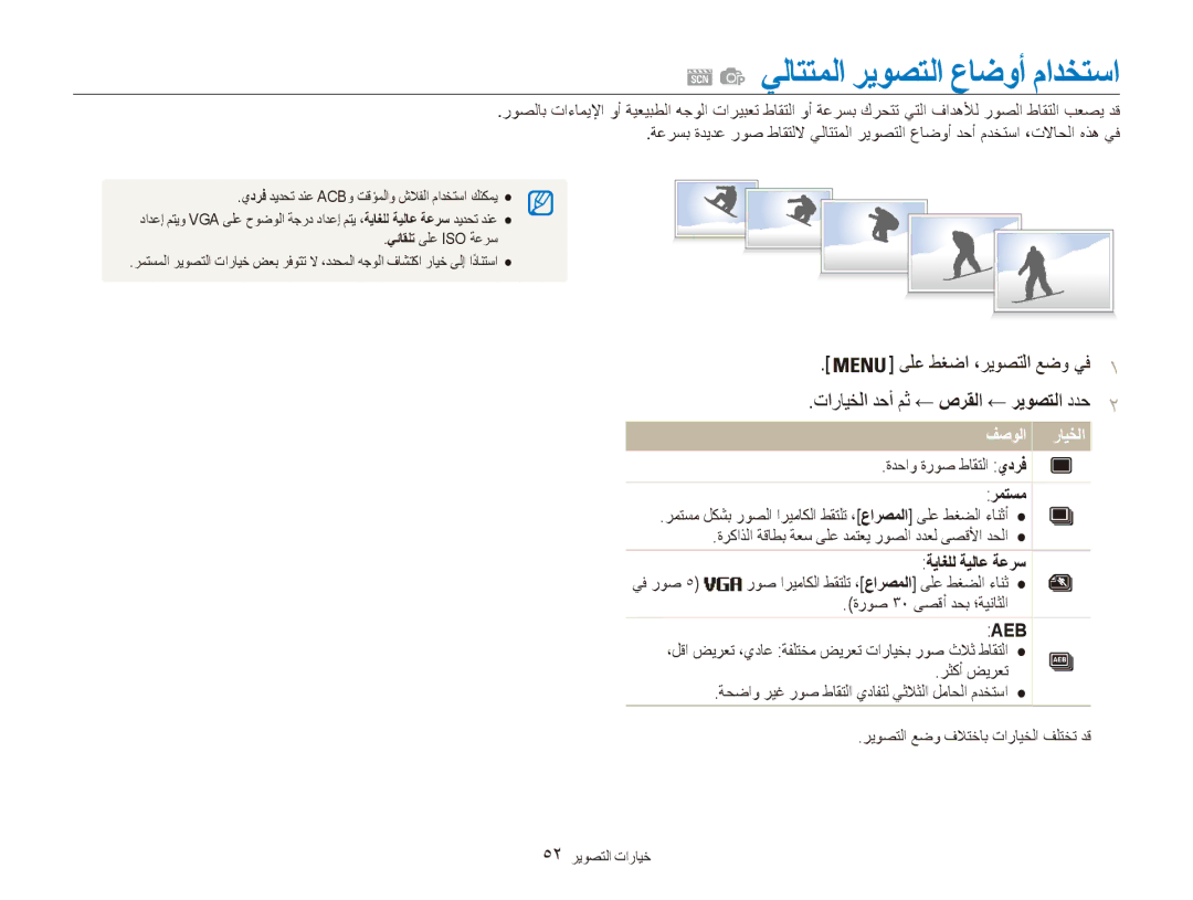 Samsung EC-ES90ZZDDUZA manual ةدحاو ةروص طاقتلا يدرف, رمتسم, ةياغلل ةيلاع ةعرس, 52 خيارات التصوير, يئاقلت ىلع Iso ةعرس 