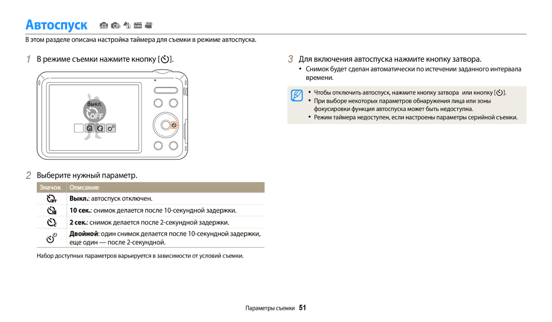 Samsung EC-ES95ZZBPRRU Автоспуск S p d s, Режиме съемки нажмите кнопку t, Для включения автоспуска нажмите кнопку затвора 