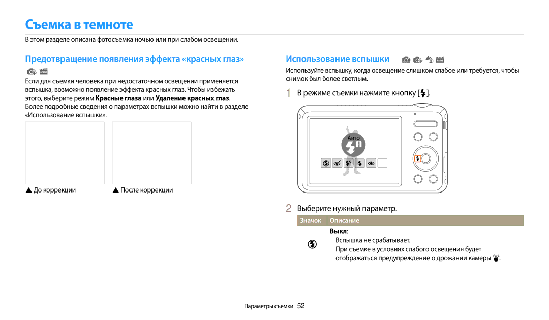 Samsung EC-ES95ZZBPWRU manual Съемка в темноте, Использование вспышки S p d s, Режиме съемки нажмите кнопку F, Выкл 