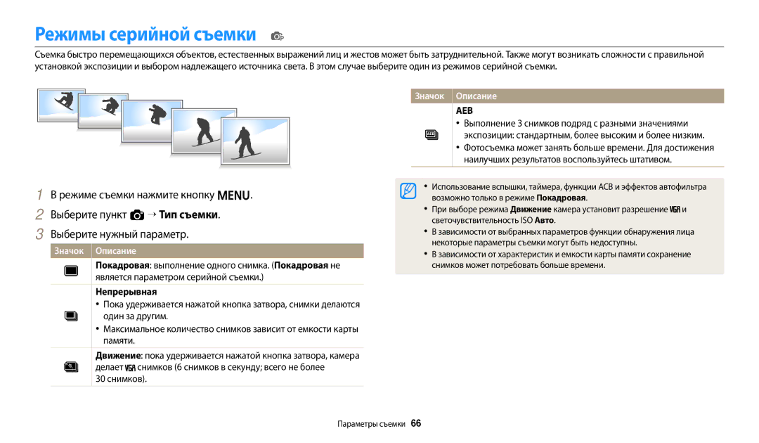 Samsung EC-ES95ZZBPWRU, EC-ES95ZZBPBRU, EC-ES95ZZBPPRU, EC-ES95ZZBPRKZ, EC-ES95ZZBPRRU Режимы серийной съемки p, Непрерывная 