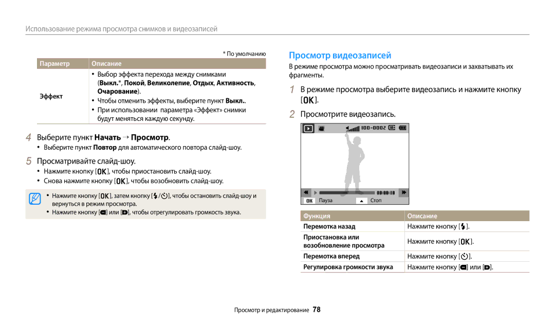 Samsung EC-ES95ZZBPRKZ manual Просмотр видеозаписей, Выберите пункт Начать “ Просмотр, Просматривайте слайд-шоу, Параметр 