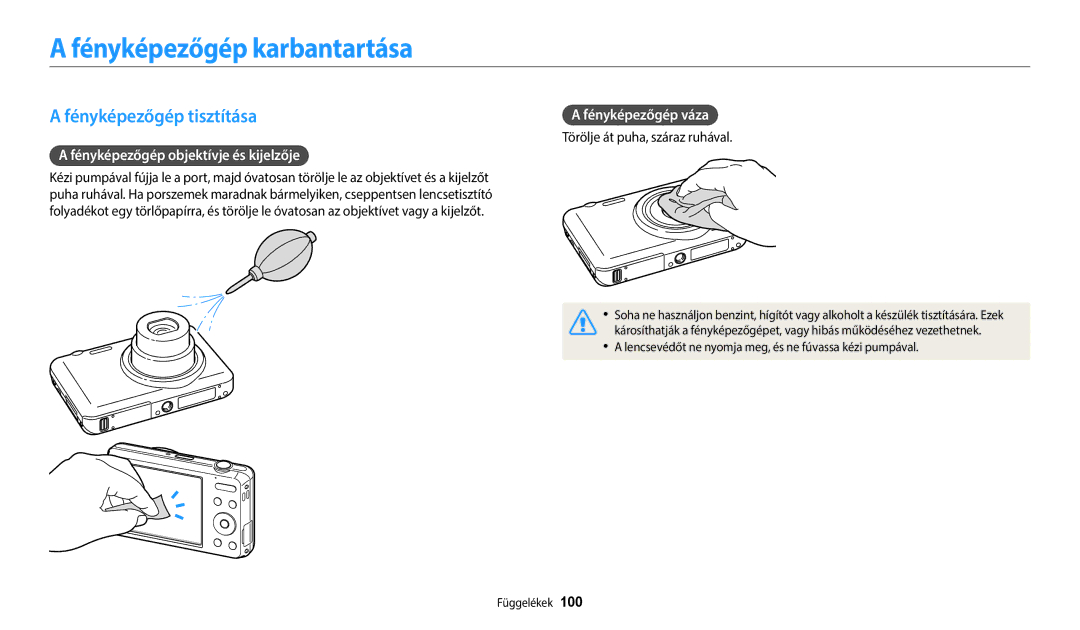 Samsung EC-ES95ZZBPWE3 manual Fényképezőgép karbantartása, Fényképezőgép tisztítása, Fényképezőgép objektívje és kijelzője 