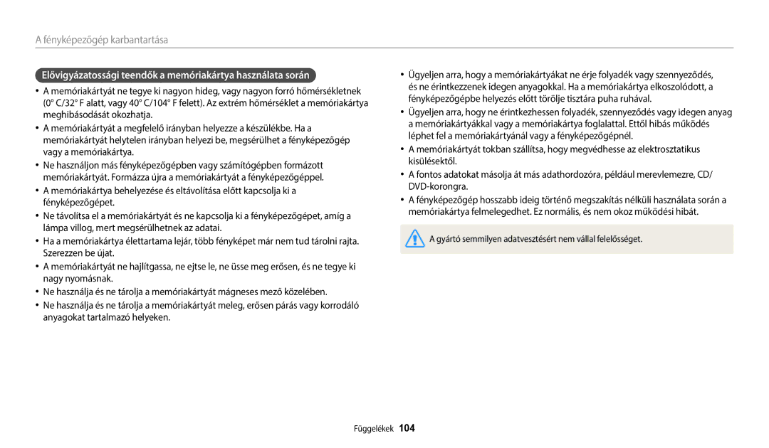 Samsung EC-ES95ZZBPWE3, EC-ES95ZZBPRE3, EC-ES95ZZBPBE3 manual Elővigyázatossági teendők a memóriakártya használata során 