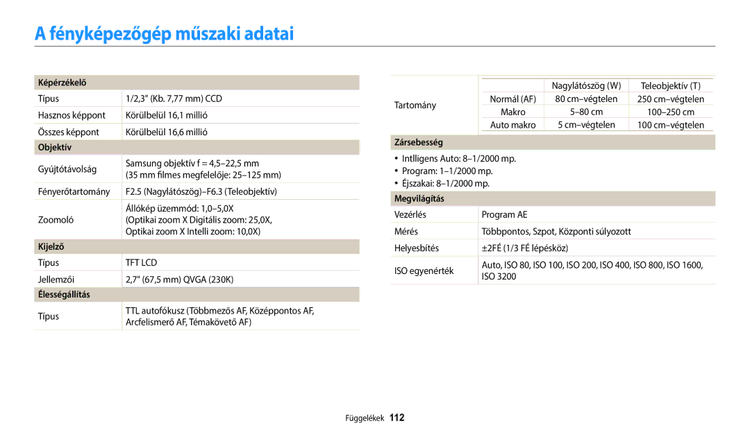 Samsung EC-ES95ZZBPWE3, EC-ES95ZZBPRE3, EC-ES95ZZBPBE3, EC-ES95ZZBPPE3 manual Fényképezőgép műszaki adatai 