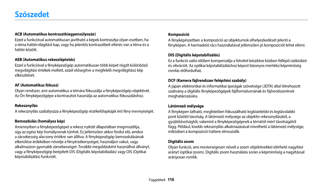 Samsung EC-ES95ZZBPWE3, EC-ES95ZZBPRE3, EC-ES95ZZBPBE3, EC-ES95ZZBPPE3 manual Szószedet 