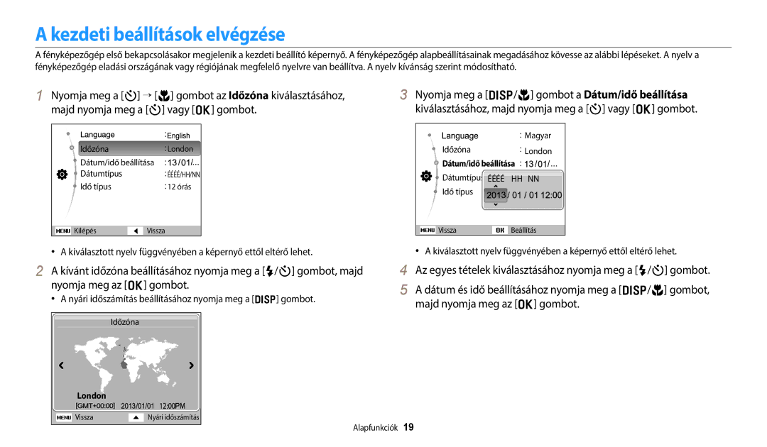 Samsung EC-ES95ZZBPRE3 manual Kezdeti beállítások elvégzése, Nyári időszámítás beállításához nyomja meg a D gombot 