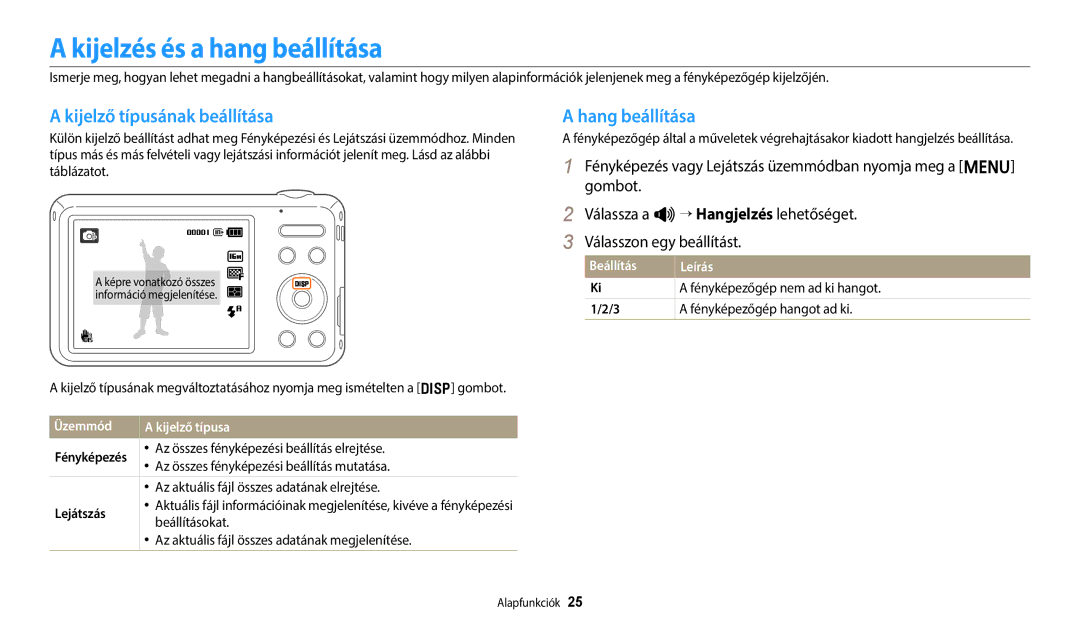 Samsung EC-ES95ZZBPBE3 manual Kijelzés és a hang beállítása, Kijelző típusának beállítása, Hang beállítása, Lejátszás 