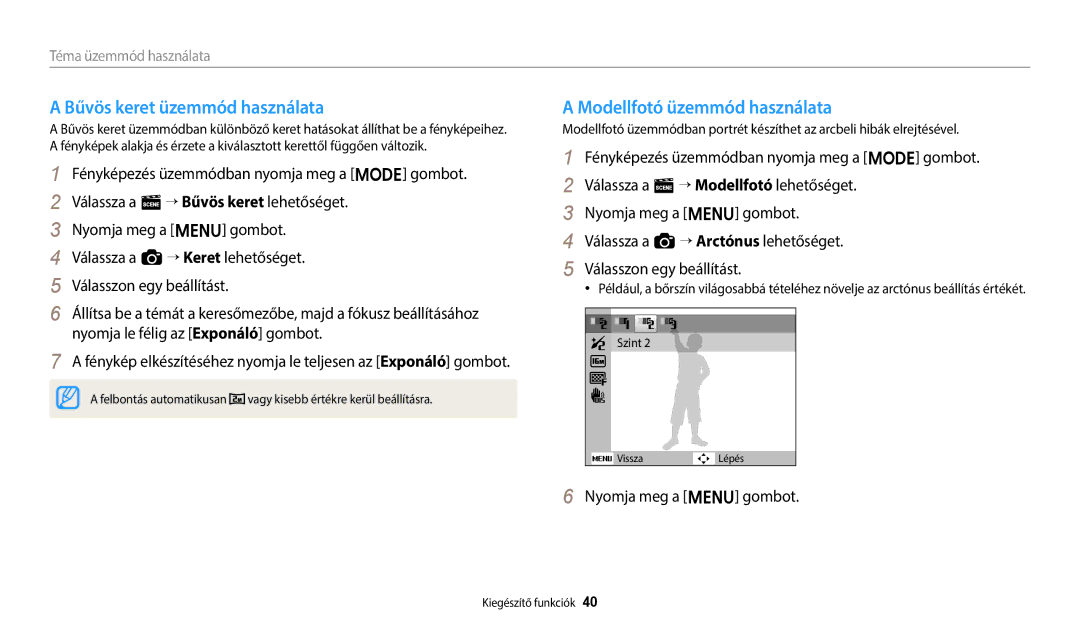 Samsung EC-ES95ZZBPWE3, EC-ES95ZZBPRE3, EC-ES95ZZBPBE3 manual Bűvös keret üzemmód használata, Modellfotó üzemmód használata 