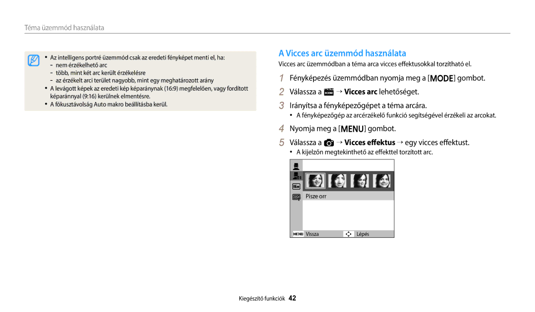 Samsung EC-ES95ZZBPPE3, EC-ES95ZZBPRE3, EC-ES95ZZBPWE3 Vicces arc üzemmód használata, Válassza a s “ Vicces arc lehetőséget 