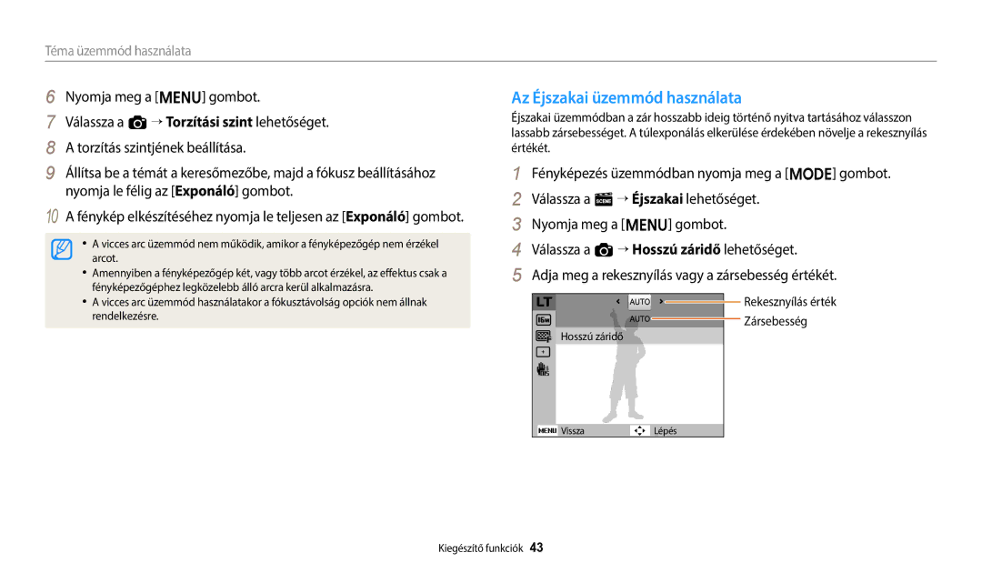 Samsung EC-ES95ZZBPRE3, EC-ES95ZZBPWE3 manual Az Éjszakai üzemmód használata, Válassza a a “ Torzítási szint lehetőséget 